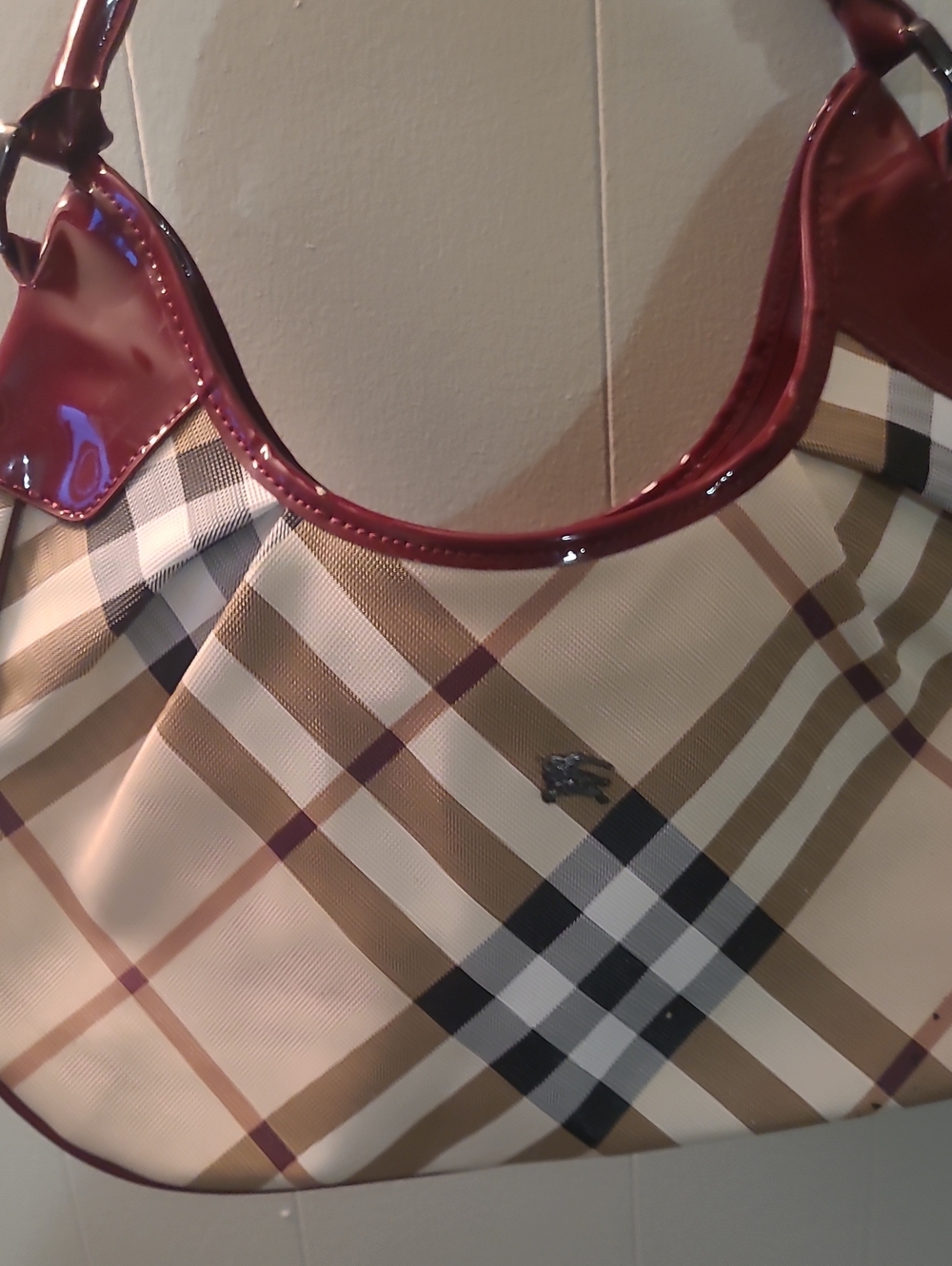 Burberry Beige/Tan Plaid Shoulder Bag with Burgundy Patent Trim